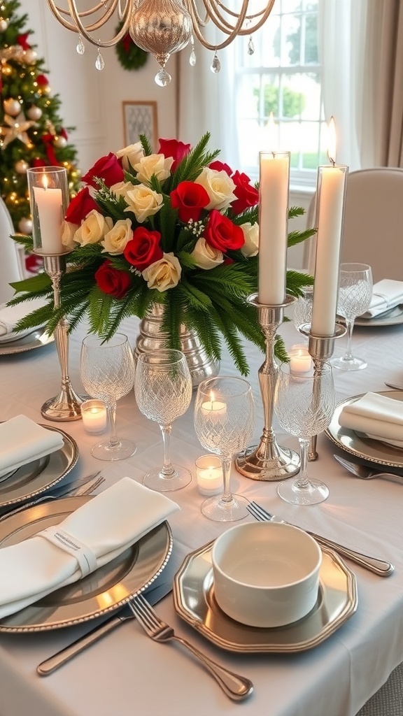 Elegant Christmas table setting with silver chargers, cutlery, and candles, decorated with festive flowers.
